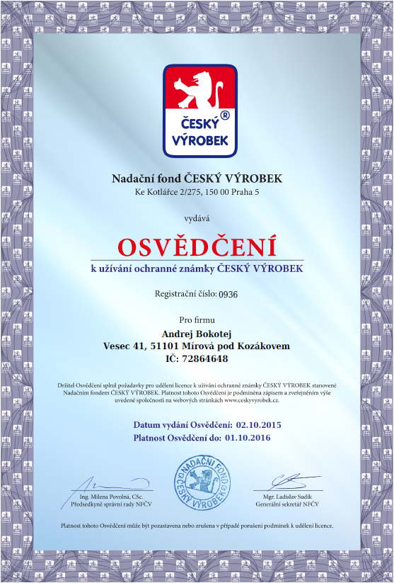Certifikát Český Výrobek